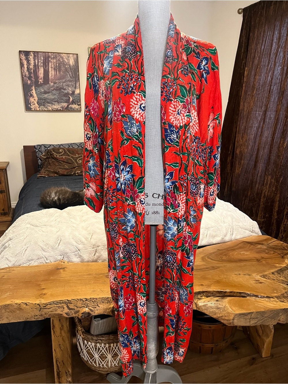 Cotton On Silky Rayon Red Jacquard Floral Kimono Duster Boho 70’s Whimsigoth
